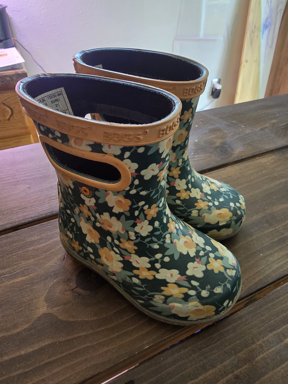 Bogs Kids Floral Rain Boots - Dark Green with Yellow and Cream Flowers